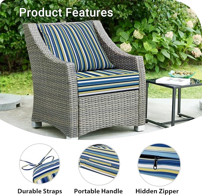 Outdoor Cushions for Patio Furniture,Outdoor Seat Cushion Set 24 x 24 x 4 Inch,Waterproof & Fade Resistant Outdoor Chair Cushions,Deep Patio Chair Cushion with Removable Cover,Blue Stripe