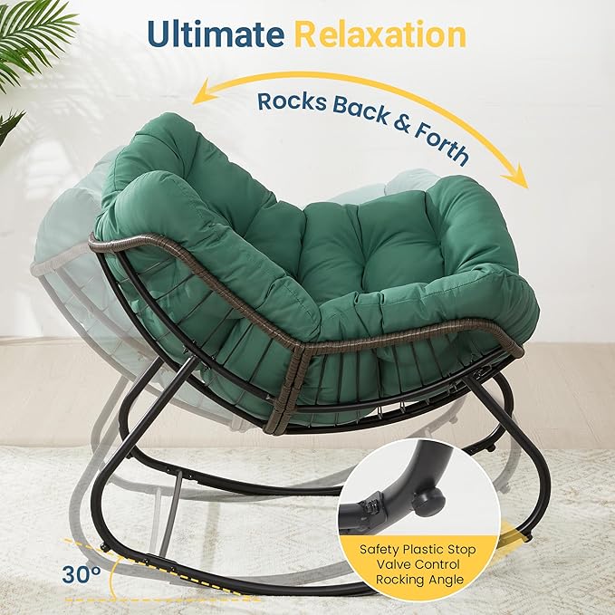 Wisteria Lane Patio Rocking Chair with Ottoman, Outdoor Indoor Rocking Egg Chair with Cushions, Metal Lounge Chair Oversized Papasan Chair, Outdoor Wicker Reading Chair for Porch Garden, Green
