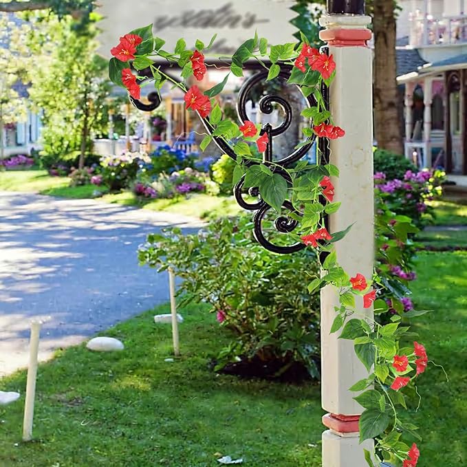CISDUEO 2 Pcs Artificial Vines Silk Morning Glory Vines for Outdoor 15Feet Hanging Plants Garland Red Fake Green Plant Morning Glories for Home Decor Wall Fence Stairway Wedding Hanging Baskets