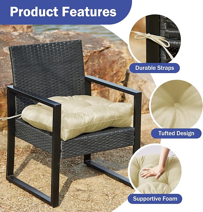 Outdoor Chair Cushions Set of 2, Patio Chair Cushions with Ties, 17x17+4” Tufted Outdoor Seat Cushions, Waterproof Patio Furniture Cushions, Outdoor Dining Chair Pads, Beige