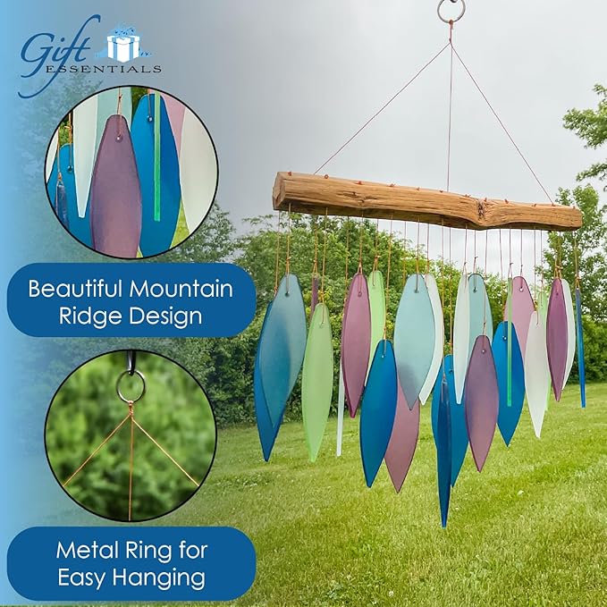 Blue Handworks Mountain Ridge Glass Chime, Sandblasted Glass and Found Wood Handcrafted Wind Chime