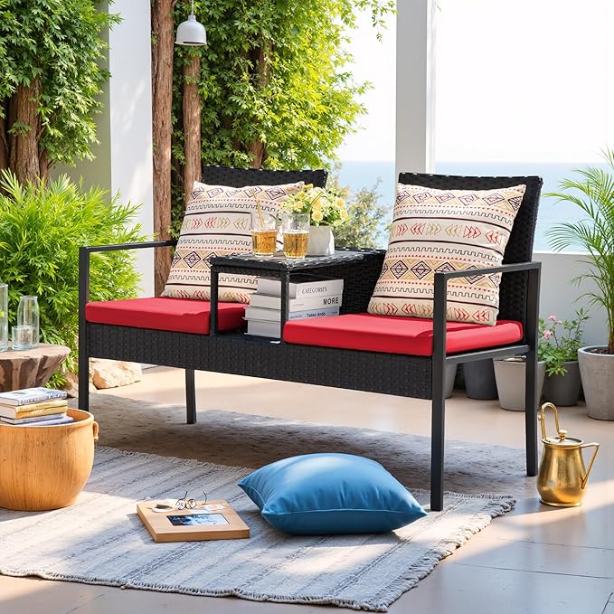 Devoko Patio Conversation Sets Outdoor Loveseat with Built-in Table & Cushions Wicker Patio Furniture Porch Chairs Bench for Lawn, Backyard, Balcony (Red)