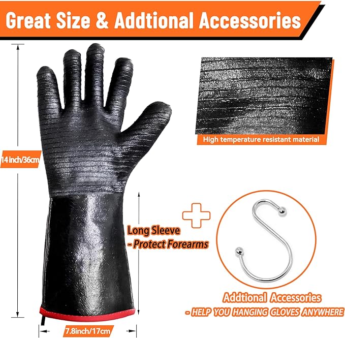 BBQ Gloves - 1472°F Thicken Heat Resistant Gloves w/S-Hook 14 in Kitchen Oven Mitts Waterproof Grill Gloves Oil Resistant Grilling Gloves Cooking Gloves for Turkey Fryer/Baking/Oven/Smoker