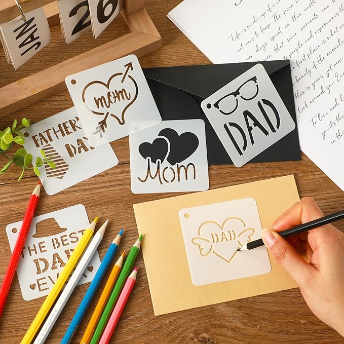 Augshy 56pcs Father's Day & Mother's Day Stencils, 3x3 Inch, Reusable, PET Material, Artistic Crafts & Home Decor