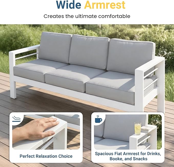 Wisteria Lane Aluminum Outdoor Patio Furniture Set, Modern Patio Conversation Sets, Outdoor Sectional Metal Sofa with 5 Inch Cushion and Coffee Table for Balcony, Garden, Light Grey