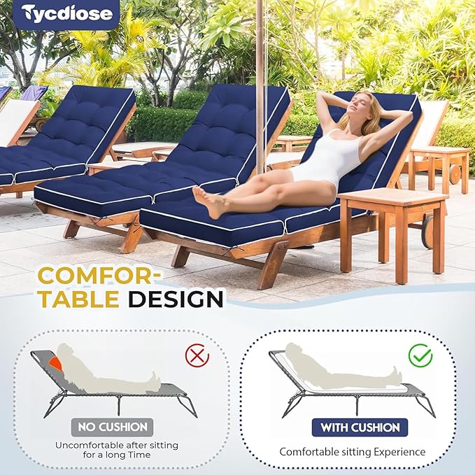 Outdoor Chaise Lounge Chair Cushion, Non-Slip Patio Chaise Lounge Cushions Waterproof for Outdoor Furniture, Thickened Patio Pool Lounger Chair Cushion, 76.4 x 22.8 x 4.7 Inches, Navy