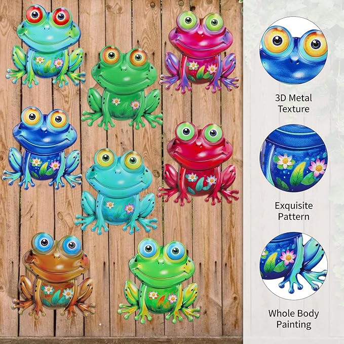 Junware Metal Frog Wall Decor, 8 Pcs Frogs Wall Art Sculptures Hanging Sculpture Decoration, Outdoor Fence Arts for Home Garden, Fence, Patio, Yard, Bedroom Outside Gifts for Adults