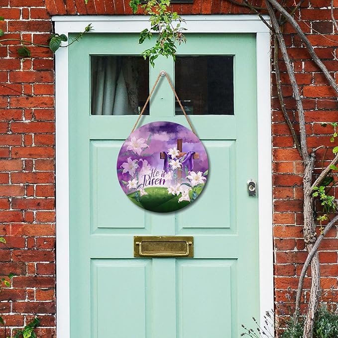He is Risen Purple Door Sign For Front Door Decor,Religious Cross Lily Flowers Wooden Sign 12"x 12" Round Easter Hanging Door Sign Decoration for Wall Rustic Decor