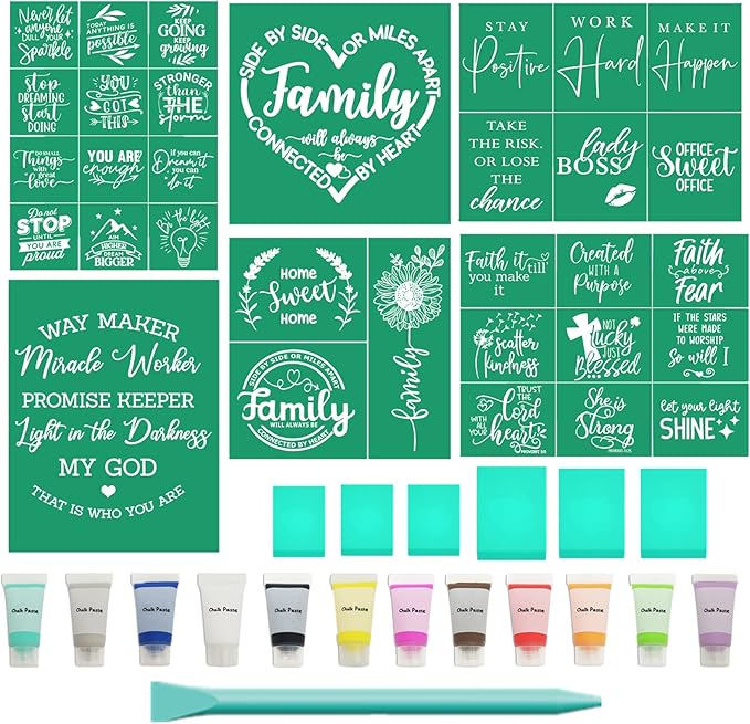 JAJADO Faith Silk Screen Stencils with Sample Chalk Paste Starter Kit 25 Pcs, Reusable Adhesive Screen Printing Mesh Transfer Sample Chalk Paint for Stencils Painting on Wood, Fabric, Mug, Home Decor