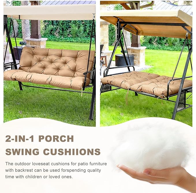Porch Swing Cushion with Backrest,Waterproof Bench Cushion for Outdoor Furniture,2-3 Seater Replacement Thickened Swing Cushion with Ties,Patio,Outdoor,Backyard and Garden (Khaki,60x40)