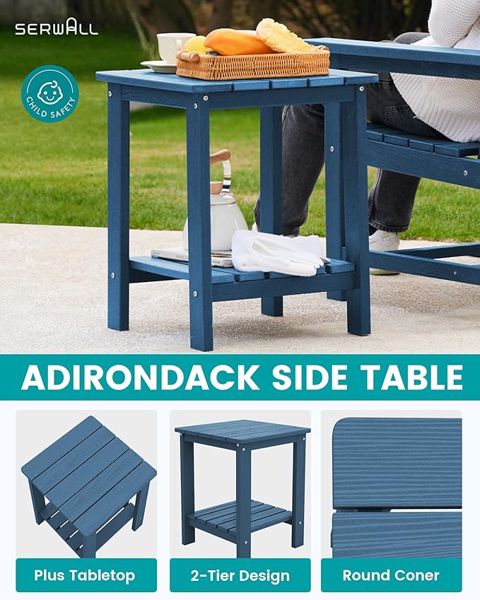 SEWRWALL Patio Furniture Set, HDPE Material All Weather Use Adirondack Chair Set with Side Table for Balcony, Porch, Garden, Backyard- Navy