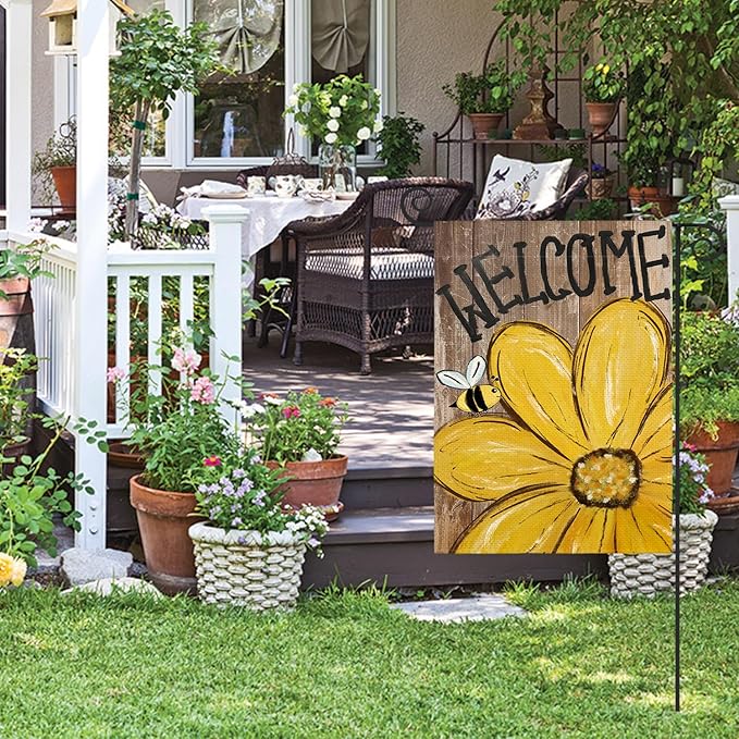 AVOIN colorlife Bee Sunflower Spring Summer Garden Flag 12x18 Inch Double Sided Outside, Welcome Wood Grain Yard Outdoor Flag