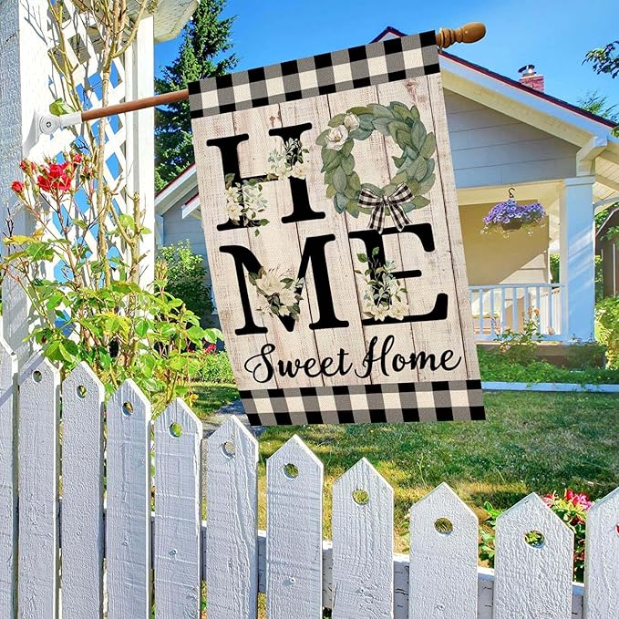 ORTIGIA Summer House Flag Burlap Vertical Double Sided 28 x 40 Inch Home Sweet Home Magnolia Large House Flag Spring Farmhouse Rustic Buffalo Check Plaid Home Front Yard Patio Outside Outdoor Decor