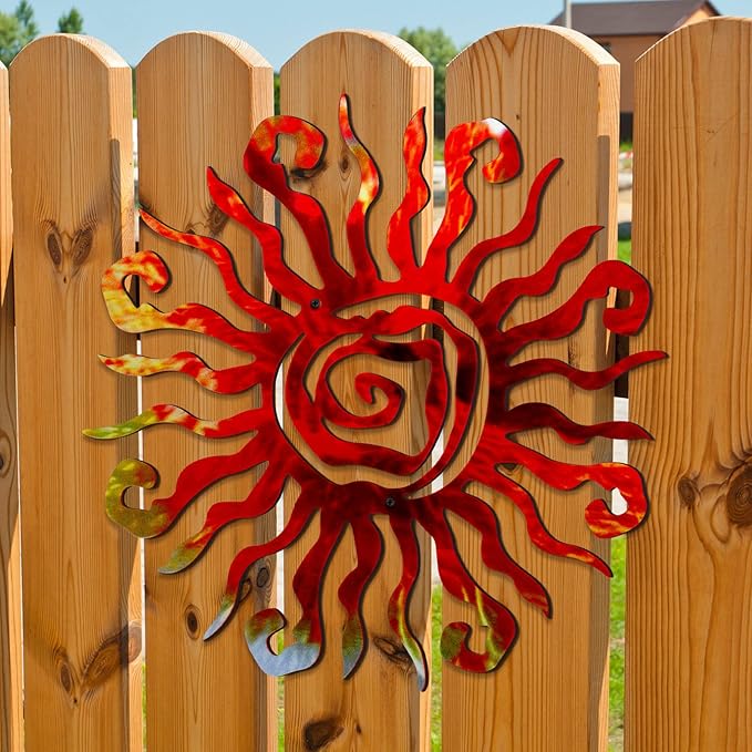 Moxweyeni 12 Inch Sun Metal Wall Art Outdoor Decor Wacky Large Sun Metal Art Sun Wall Decor Pool Decorations for Home Bedroom Living Room Office Garden(Red)