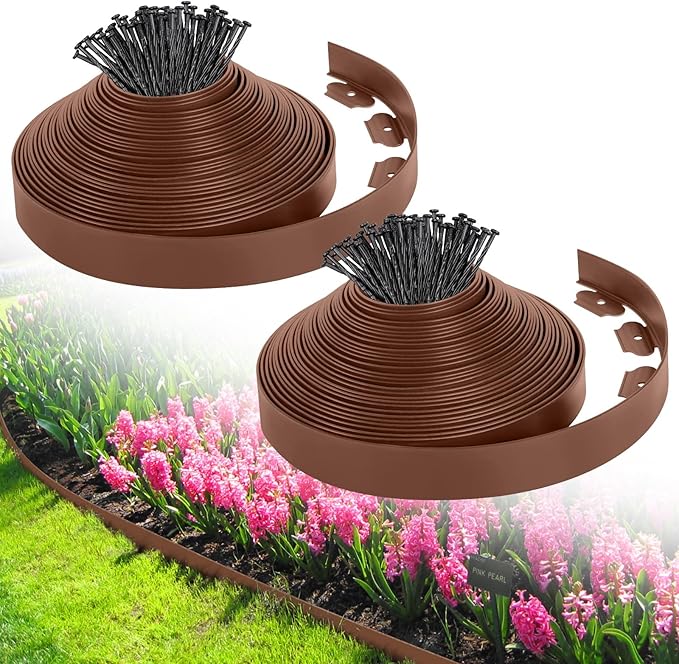 2-Inch x 80 FT Landscape Edging Border with 125 Spikes, Garden Edging Border Lawn Edging Kit, Plastic Edging for Landscape Flexible for Garden Flower Beds Lawn Yard Pathway (Brown)