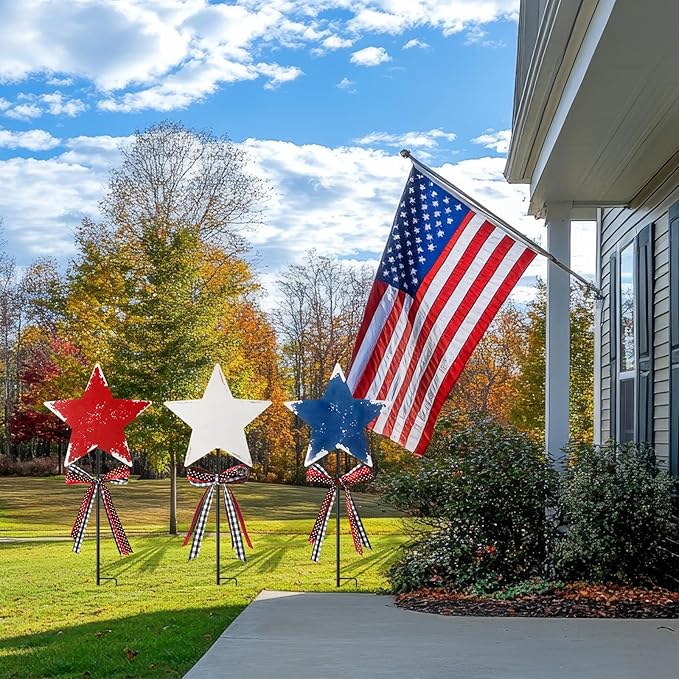 Amyhill 4th of July Outdoor Decorations Decor Patriotic Star Metal Garden Stakes Welcome Yard Signs Retro Red White Blue Garden Stakes for 250th Anniversary Patio Lawn Walkway Outside