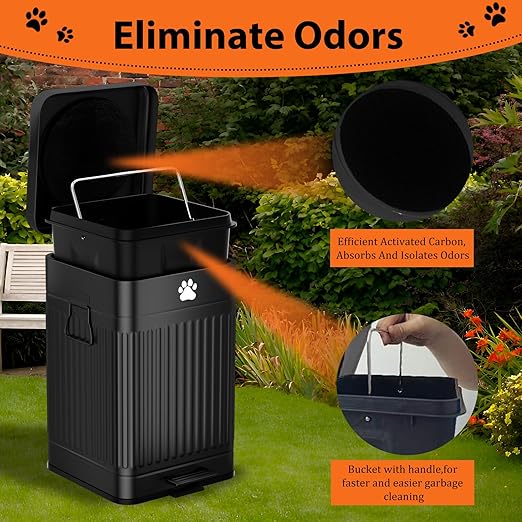 Dog Poop Trash Can Outside, 12L/3.1Gal Metal Dog Waste Trash Can with Lid, Foot Pedal, Waste Container with 40 Bags, Pet Poop Bucket with Lid Soft Close for Pet, Rectangular Black