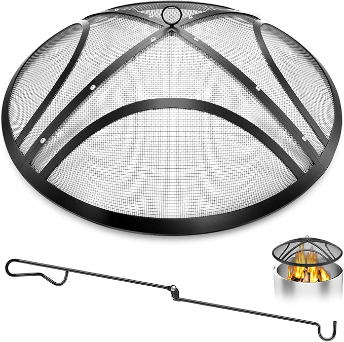 Fire Pit Spark Screen, Upgraded 24 Inch Outdoor Fire Pit Screen with Handle & Poker, Heavy-Duty Steel Fire Pit Cover Round Mesh Replacement Firepit Screen for Backyard/Beach/RV Camping