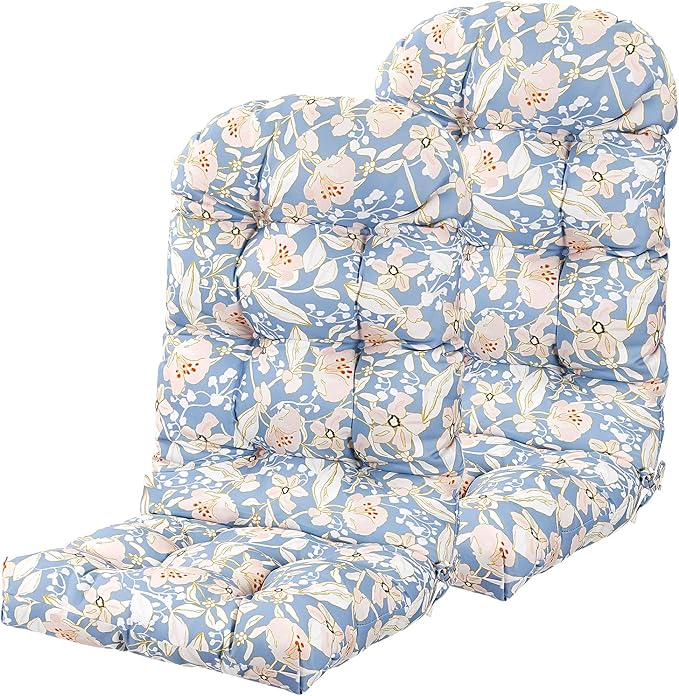 Adirondack Chair Cushions Set of 2, High Back Patio Chair Cushions 48 x 19.7 x 4.7 Inch, Indoor/Outdoor Thickened Rocking Chair Cushion, Fade-Resistant & Waterproof (Flower Blue)