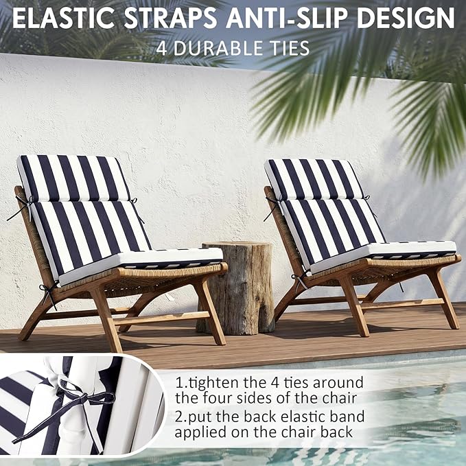 4 Pack Outdoor High Back Chair Cushion, 44 x 20 inches Patio Chair Cushions Waterproof Rocking Cushions Indoor Furniture Seat Pad, Weather Resistant (Stripe,Navy Blue)