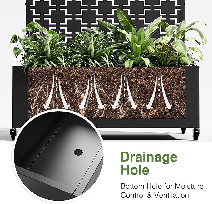 Casaphoria Metal Raised Garden Bed with Trellis and Wheels, 72"x47"x16" Planter Box for Climbing Plants, Vegetables & Vines, Features Drainage Holes and Privacy Screen (Black-Square)