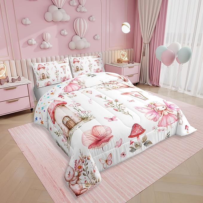 Erosebridal Fairy Garden King Comforter Set - Mushroom Floral Butterfly Bedding Sets for Kids Girls, Pink Flower Bunny Bed Set | Forest Themed Fairies Room Decor with 2 Pillowcases