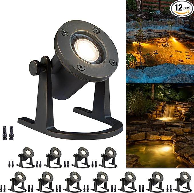 Gardenreet Low Voltage Brass Pond Lights Submersible - 12V IP68 Waterproof Bronze Pondlight, Solid Brass Fixture with Warm White MR16 Bulb for Outdoor Fountains, Waterfall, and Garden Accents(12 Pack)