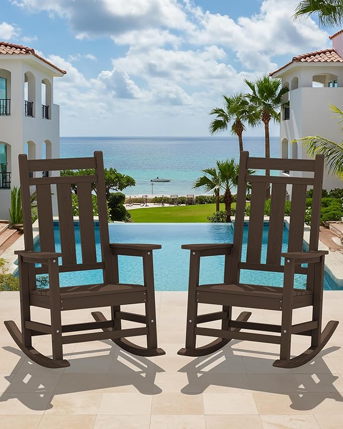 KINGYES Oversized Outdoor Rocking Chair Set of 2, All-Weather Patio Rocking Chairs for Porch, HDPE Outdoor Patio Rockers with High Back & Wide Seat for Garden, Lawn, Coffee
