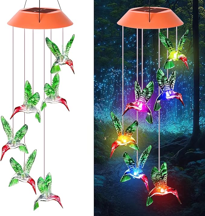 Hummingbird Solar Wind Chimes, Hummingbird Wind Chimes for Outside,Best Gifts for Mom Grandma Women Wife Aunt Sister, Unique Mobile Wind Chime, Garden Yard Decor Red