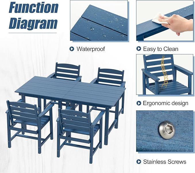 Anbuy Patio HDPE Dining Table Sets,Removable 2-in-1 Outdoor Patio Table,Dining Table for 6,Sun-Resistant and Easy to Clean, Low Maintenance for Balcony, Backyard, Lawn, Garden(Blue)