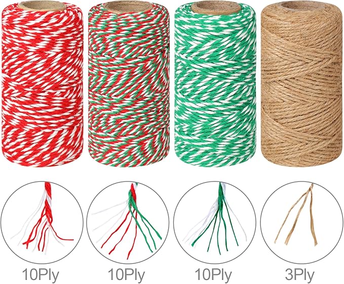 4 Rolls Natural Jute Twine, Red, Green & White - 70m/Roll
