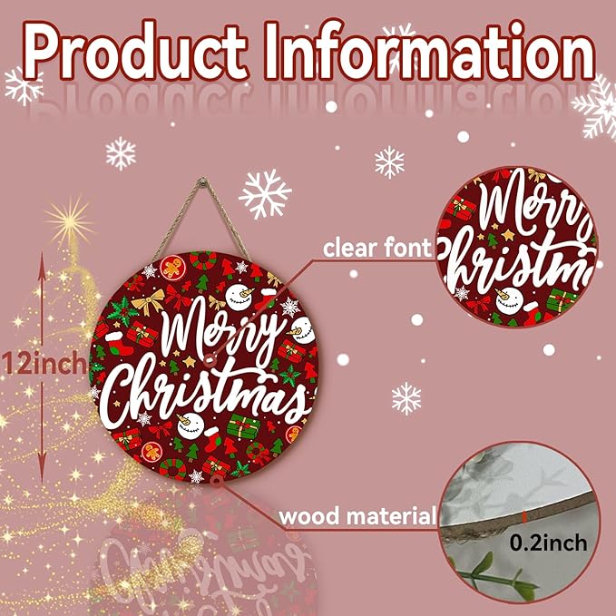 Merry Christmas Welcome Wooden Door Sign for Front Door Winter Christmas Door Hanger Xmas Holiday Hanging Wall Sign for Farmhouse Home Porch Outdoor Decorations