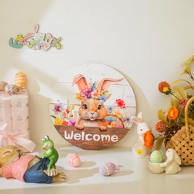 Easter Decorations for Front Door: Spring Wreath Bunny 3D Welcome Sign for Wall Decor Rabbit Wreaths Hanging
