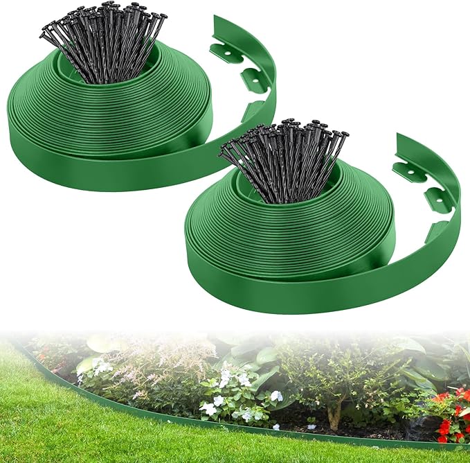 2-Inch x 66 FT Landscape Edging Border with 100 Spikes, Garden Edging Lawn Edging Border Kit, Plastic Edging Border Flexible for Garden Flower Beds Lawn Yard Pathway (Green)