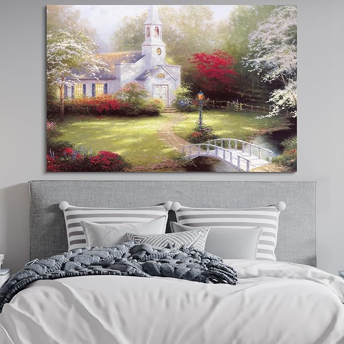 STUDIO HAVEN Thomas Kinkade Canvas Wall Art, White Church Flower-Lined Path Stone Bridge Stream Serene Morning Oil Painting Poster Landscape Wall Decor, Framed Prints for Home Decor, 40x28Inch