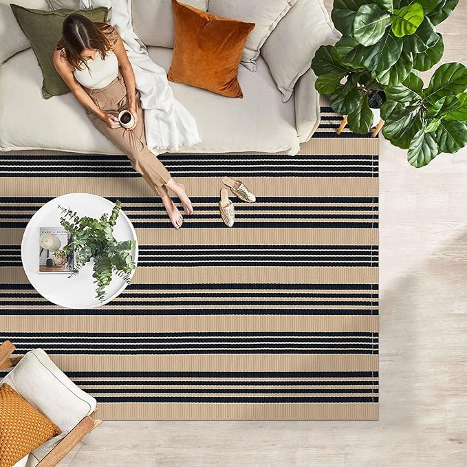 IOHOUZE Black and Tan Striped Rug 4'x6' Front Door Rugs Outdoor, Washable Area Rug for Double Front Porch, Large Patio Rug Outdoor Indoor, Doormat for Entryway Porch Entrance