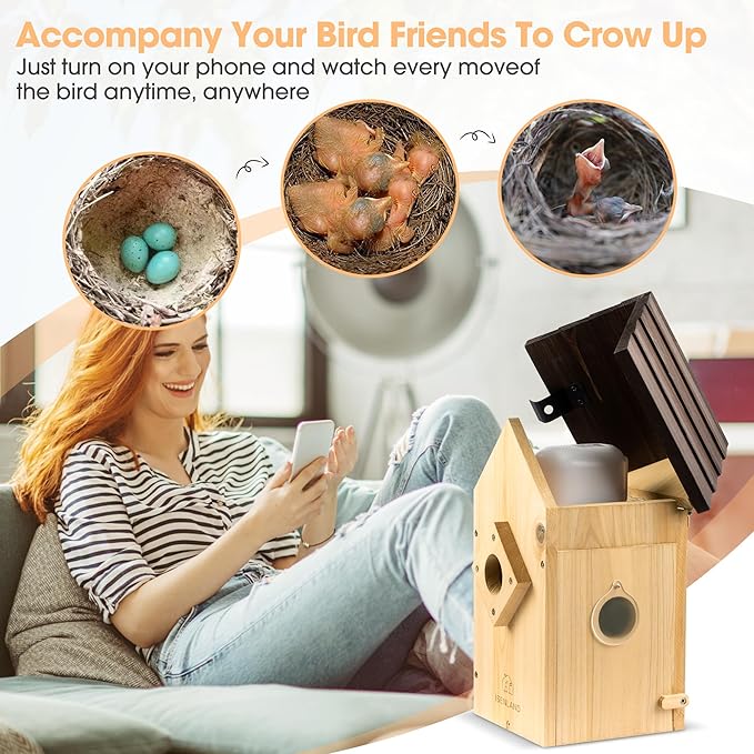 Smart Bird House with AI Identify Camera, 1080P Birdhouse for Outside with Night Vision, Birdhouse with Camera APP Control, Solar Powered Bird House, 2.4G WiFi App to Observe Bird Activities