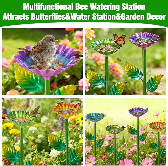 4 Pack Bee Watering Station, Metal Bee Water Station with Flower Design Colorful Butterfly Bath Bowl Drinking Feeder Cups for Outdoor Garden Yard Decor (Purple,Green,Blue,Yellow)