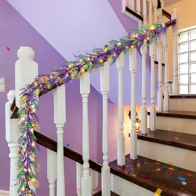 6 Ft Mardi Gras Purple Green Gold Glitter Vine Garland for Front Door Carnival Party Wreath Glitter Hanging Garland Mardi Gras Party Home Decor Garlands for Indoor Outdoor Mantle Staircase Railing
