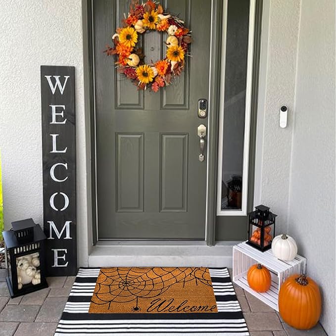 Decorative Halloween Welcome Mat, Spider Web, Natural Coco Coir Mats with Non-Slip PVC Backing, Indoor Outdoor Mats for Home & Office, Floor Mats for Door Decor, 30"x17"