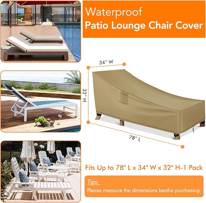 WLEAFJ Patio Chaise Lounge Cover Waterproof, Heavy Duty Outdoor Lounge Chair Covers, Durable Patio Furniture Covers, 78L x 34W x 32H inch - 2 Pack, Khaki