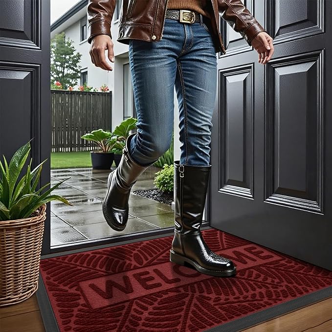 Smiry Welcome Mat Indoor Outdoor, All-Season Waterproof Front Door Mat, Sturdy Natural Rubber Doormat, Non-Slip, Easy Clean, Low Profile Dirt Trapper for Porch Patio Entrance, 35x23, Wine Red