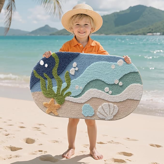 LUMI Beach Bathroom Rugs, Non Slip Bath Mat Ultra Soft Washable Absorbent Quick Dry, Ocean Sea Theme Bath Rug with Starfish Shell for Shower Floor, Kitchen Decor, Kids Room, 22"x34"