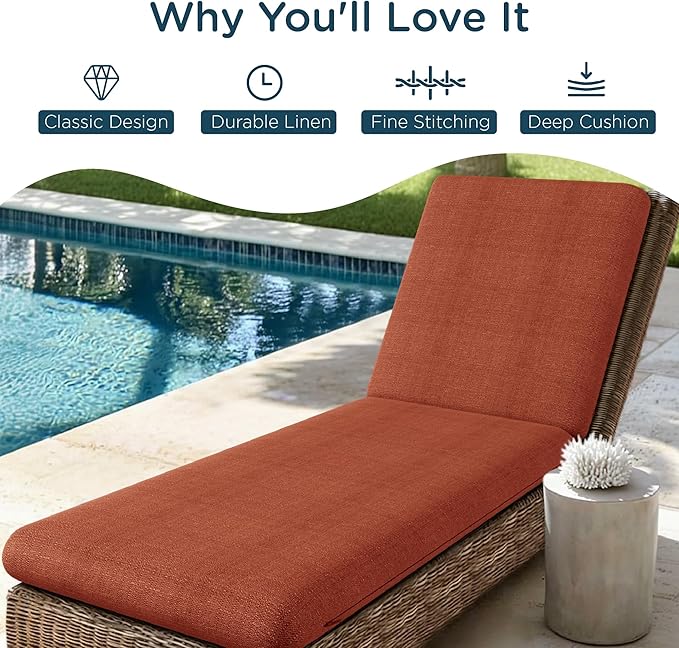 Codi Outdoor Chaise Lounge Chair Cushions 72"x22.5"x3.5" – Linen Texture, Fade Resistant, Waterproof, Removable Cover, Thick Soft Padding for Patio Furniture & Pool Relaxation, Spice