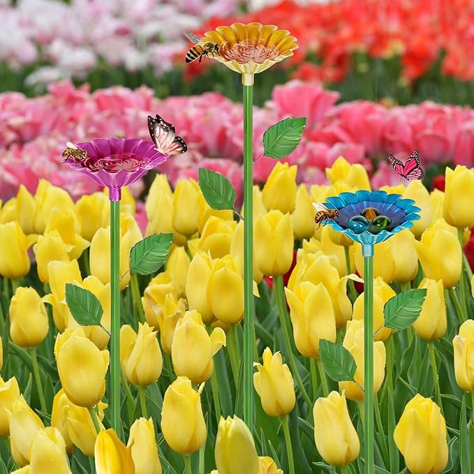 3 Pack Bee Watering Station for Garden, Metal Bee Bath and Feeder Cups with Colorful Flower Design, Butterfly Bee Bath Bowls and Water Feeder for Outdoor Garden Yard Decor (Red, Yellow, Blue)