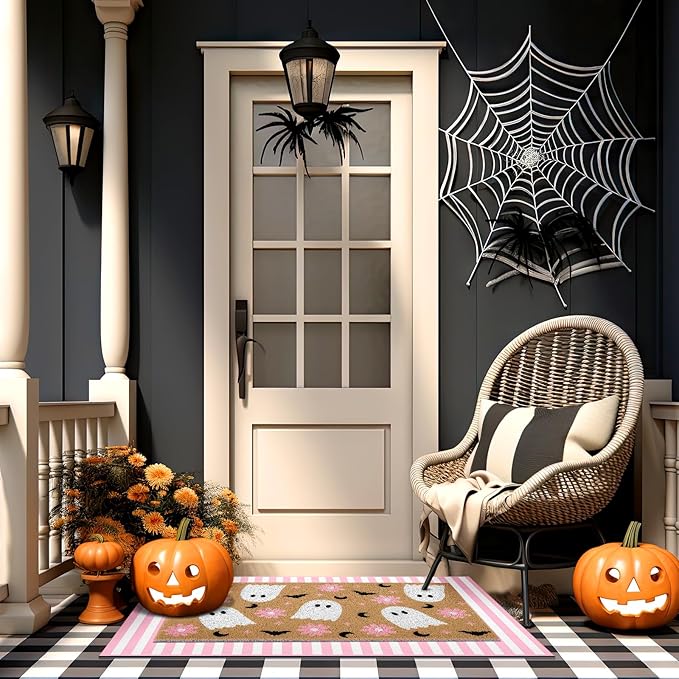 Tinideya 2 Pcs Halloween Door Mat Ghost Welcome Non Slip Coir Mats Pink Flower Cute Bat Stripe Floor Layering Doormats Seasonal for Front Porch Entryway Decor(Flower Ghost)