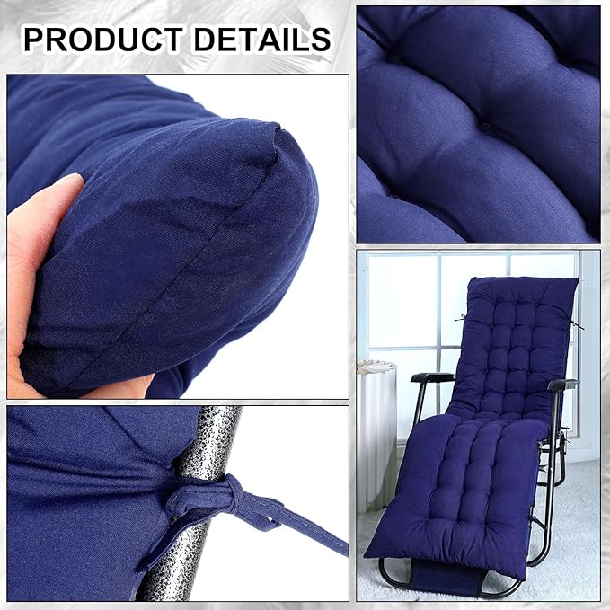 67 x 19 Inch Chaise Lounge Cushions Soft Lounge Chair Cushion Gravity Chair Cushion Sofa Lawn Furniture Cushion Pad with 6 Tie for Outdoor Indoor Patio Home Without Headrest (Navy Blue,2 Pcs)