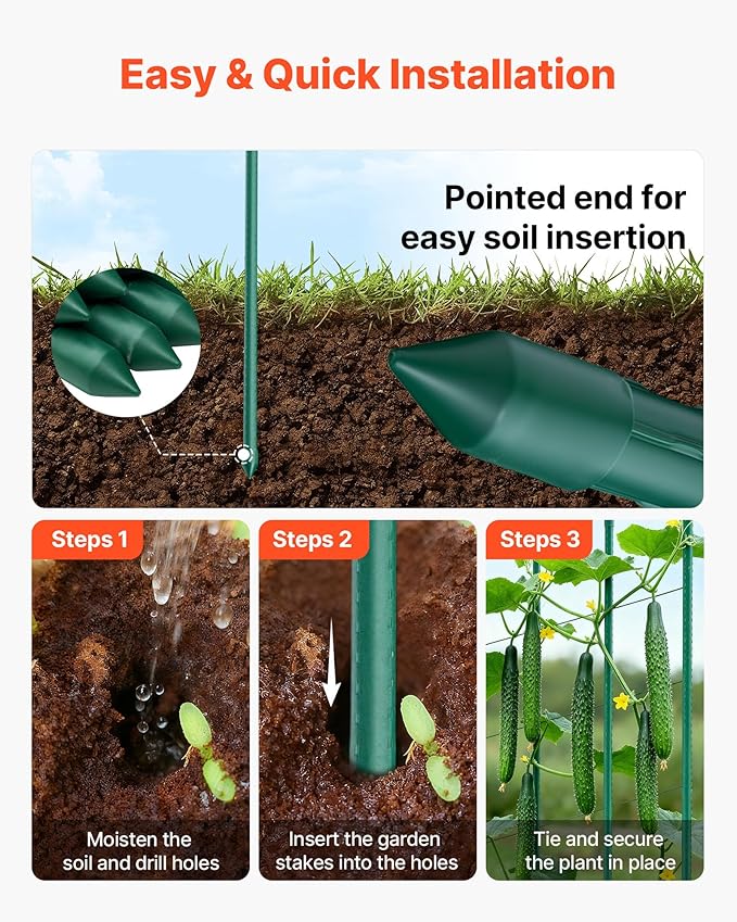VEVOR Garden Stakes, 50 Pack, 57.28 inch, Plastic Coated Metal Tomato Stakes, Garden Sticks for Plants Support, with Pointed End and Non-Slip Bumps for Growing Climbing Plants, Outdoor Vegetables