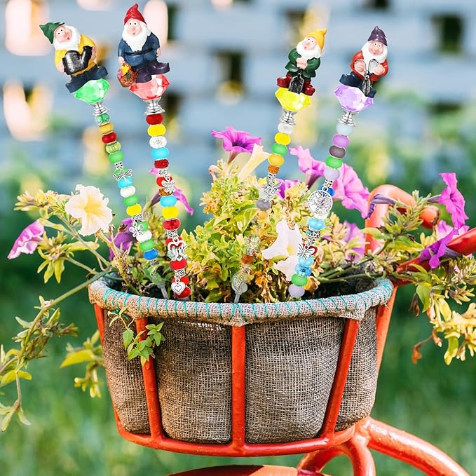 95 Pcs Gnome Garden Stakes Fairy Wand Garden DIY Beaded Stakes Decor 4 Crystal Stopper Top 4 Gnome 64 Large Hole Beads 15 Silver Pendants 4 Threaded Rods 4 Pcs Nuts, for Craft Supply