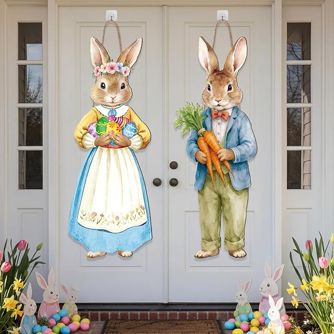 Thyle 2 Pcs Large Easter Bunny Hanging Sign 32.3 x 12.2 Inch Easter Wooden Front Door Decorations Rabbit Egg Carrot Hanger Porch Sign for Spring Outdoor Indoor Home Wall Decor